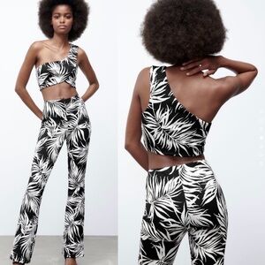 Zara‎ New Black White Jacquard Casual Party Top Asymmetric Neckline Size L